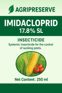 Imidacloprid Bottle of Imidacloprid insecticide for crop protection, effective against aphids, whiteflies, and other pests.